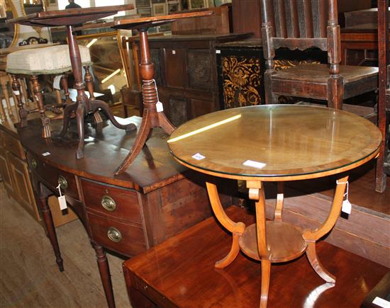 Three occasional tables, one round, one with tilt top